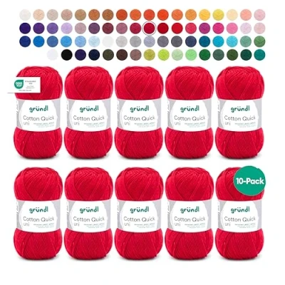 Image of Gründl Cotton Quick Uni Value Pack 10 x 50g Balls (Heavy Duty Long Lasting Wool Easy Care Washable 100% Yarn 50g/125m Red 3 4 50g)