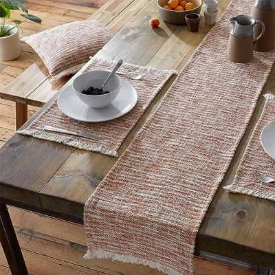 Image of Pineapple Elephant Textured Frayed Edge Cotton Table Runner Terracotta