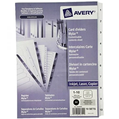Image of Avery 05248061.UK A4 Mylar Pre Printed Unpunched Dividers, 1 10 Numeric, Set Pack White