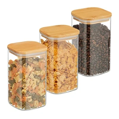 Image of Relaxdays Jars with Bamboo Lids, Set of 3, Square, 1200 ml Each, Dry Food Storage, Glass, Transparent/Natural, 17,5 x 10 cm