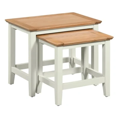 Image of Hallowood Furniture Clifton Green Off White 2 Nest of Tables with Light Oak Top, Solid Wooden Side Table, Multifunctional Coffee Nesting for Bedroom, Living Room and Hallway