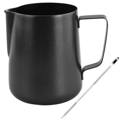 Image of 600ml/20oz Teflon Coated Milk Frothing Pitcher with Latte Pen, 304 Stainless Steel Frother Jug, Espresso Steaming Pitcher, Barista Accessories for Coffee Machine, Cappuccino Art Cup (Black)