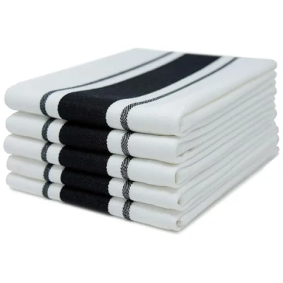 Image of 100% Cotton Tea Towel Black Stripe Pattern, Pack of 5 Kitchen Set Absorbent, Strong, Quick Dry &amp; Machine Washable for Home Decor Bathroom Accessories