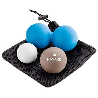 Image of Navaris Lacrosse Massage Balls Set 2X &amp; 1x Peanut Roller Massager for Back Legs Neck Foot Massaging Rolling Firm Spheres of 3