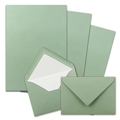 Image of 25x stationery sets DIN A4 with C6 lined envelopes, wet glue Eucalyptus green matt writing paper and envelopes white silk lining