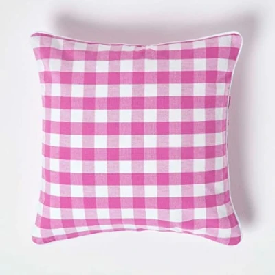Image of HOMESCAPES Pink and White Gingham Cushion Cover 45 x cm (18 18) Block Check Pattern 100% Cotton Decorative Square