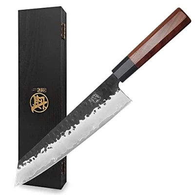 Image of MITSUMOTO SAKARI Japanese Kiritsuke Chef Knife, High Carbon Stainless Steel Kitchen 9 inch Professional Hand Forged Meat Sushi Knife (Rosewood Handle &amp; Sandalwood Box)