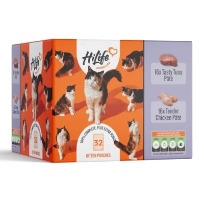 Image of HiLife it&#039;s only Natural The Big Kitten One Complete Wet Food (1 to 12 months), Tender Chicken Pate/Tasty Tuna, Grain Free &amp; Made With 100% Ingredients (32 Pouches x 70g)