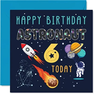 Image of 6th Birthday Card Boy Space Astronaut Cosmos Happy 6 Year Old Girl, Six Sixth Girls Boys Cards, 145mm x Greeting for Son Daughter Niece Nephew Grandson