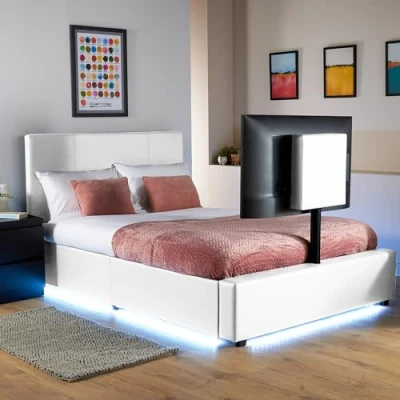Image of X Rocker AVA Leather TV Bed with Rotating Mount 55&quot;, Storage and Cable Management, Ambient Underbed RGB LED Lighting Small Double 4ft Sleeper Bedstead, Upholstered Frame XR LIVING WHITE
