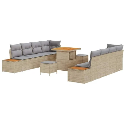 Image of vidaXL 11 Piece Garden Sofa Set with Cushions Beige Poly Rattan Acacia