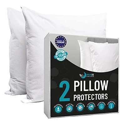 Image of Dreamzie Pack of 2 Pillow Protector Waterproof with Zipper For Pillows 50 x 80 cm White Cotton Outer Cover Oeko Tex® Breathable, Hypoallergenic, Anti Dust Mite, Bacterial