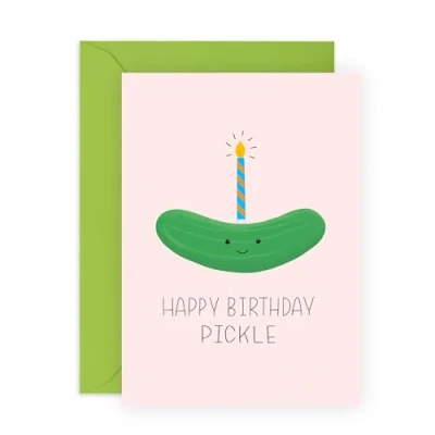 Image of Funny Pickle Birthday Card Cute Candle Design Humorous Greeting for Him, Her, Friends, Family, or Lovers Presents Celebrations