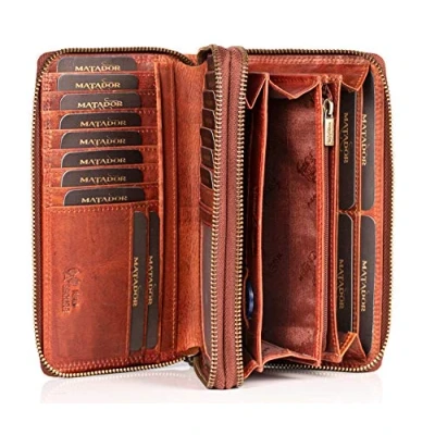 Image of Matador 3628 Women&#039;s Large Wallet Purse with 2 Zips, Lots of Compartments Genuine Leather, Aged Brown, Unit Size, Brown Aged, Taille unitaire