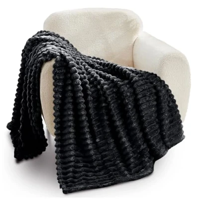 Image of GC GAVNO CAVAILIA Ribbed Blanket Throw Fluffy Fleece Throws For Sofas, Bed, Settee, Couch Comfortable Extra Large Blankets &amp; King Size 200x240 Cm Black
