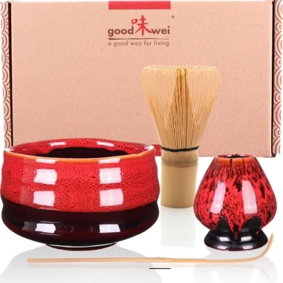 Image of Goodwei Premium Matcha Tea Set Ceremonial Bowl Chawan, Whisk and Holder + Gift Box (Yogan, 80)