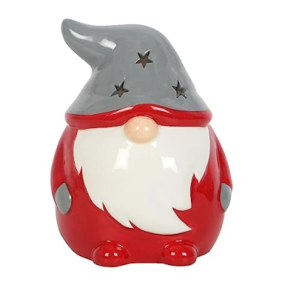 Image of Ceramic Red and Grey Gonk Tealight Holder Festive Christmas Decoration &amp; Gift Village Pottery Tea Light House Rader Porcelain