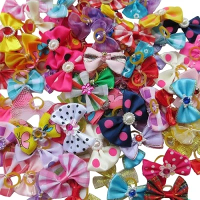 Image of Chenkou Craft 20pcs New Dog Hair Bow with Rubber Band Rhinestone Pet Grooming Products Mix Colors Varies Patterns Bows Accessories