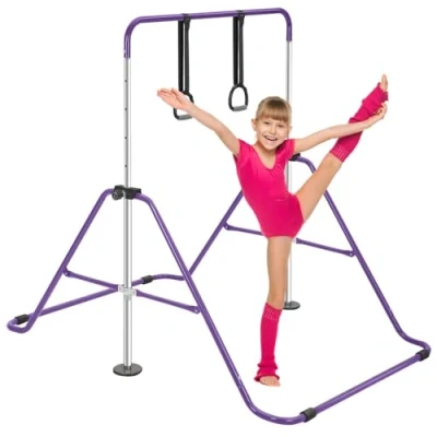 Image of ToughHub Gymnastics Bar Training Equipment for Kids Adjustable Height Folding Horizontal with Gymnastic Rings (Purple)