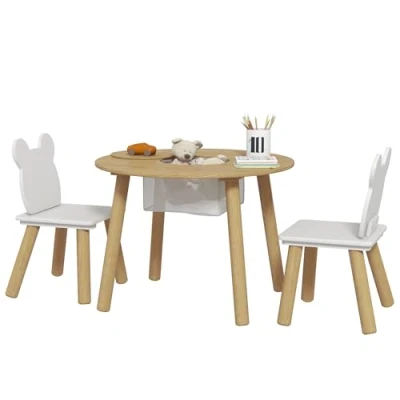 Image of AIYAPLAY 3 Pieces Toddler Table and Chair Set with Centre Mesh Bag, Kids Activity Bear Shaped Backrest, for Arts, Crafts Reading Dining, Aged 6 Years