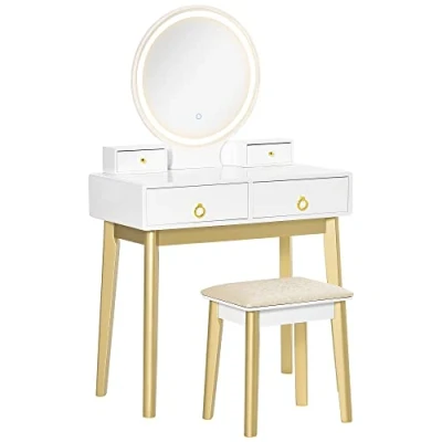 Image of HOMCOM Dressing Table Set with Mirror, Built in 3 Color LED Light, Vanity Makeup 4 Drawers and Cushioned Stool for Bedroom, White