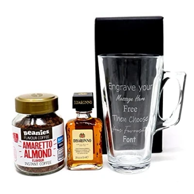 Image of Personalised Engraved Coffee Glass with &amp; Amaretto (Amaretto Disaronno 5cl)