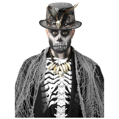 Image of Smiffys Witch Doctor Distressed Black Top Hat with Feathers, Halloween Fancy Dress Accessory, Voodoo Woman Up Hats