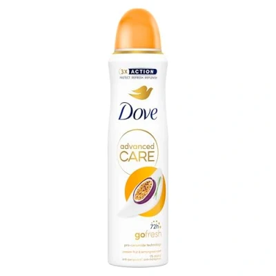 Image of Dove Advanced Care Go Fresh Passion Fruit &amp; Lemongrass Scent Anti perspirant Deodorant Spray with Triple Moisturising technology aerosol for 72 hours of protection 150 ml