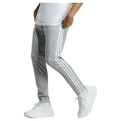 Image of adidas Men&#039;s Essentials Single Jersey Tapered Open Hem 3 Stripes Pants, Medium Grey Heather/White, S