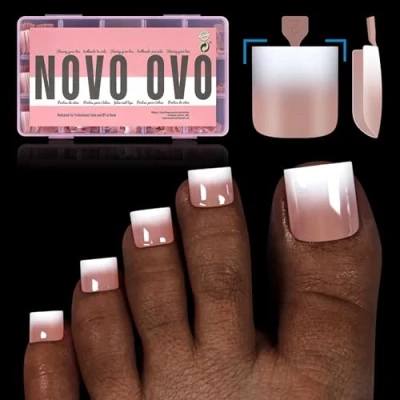 Image of NOVO OVO Ombre French Tip Press on Toe Nail Tips, Sharp Square Pre Designed Soft Gel False Toenail Extension, BROWN PINK applied Primer &amp; Base Coat, Full Cover Acrylic DIY x 15 Sizes 240 pcs