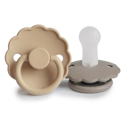 Image of FRIGG Daisy Silicone Pacifier Pack of 2 Soother Dummy BPA Free Made in Denmark Symmetrical Cherry Shaped Nipple (Portobello/Croissant, Size (6 18 Months))