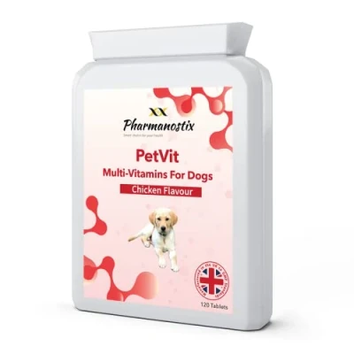 Image of PetVit Daily Multivitamins For Dogs 120 Chewable Chicken Flavour Tablets 24 Essential Vitamins &amp; Minerals Support Healthy Heart Brain Hips Joints Bones Teeth Skin Coat Young or Senior Pets