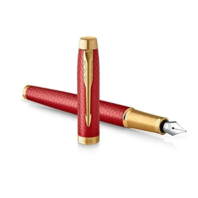 Image of Parker IM Fountain Pen Premium Red Lacquer with Gold Trim Fine Point Blue Ink Cartridge Gift Box