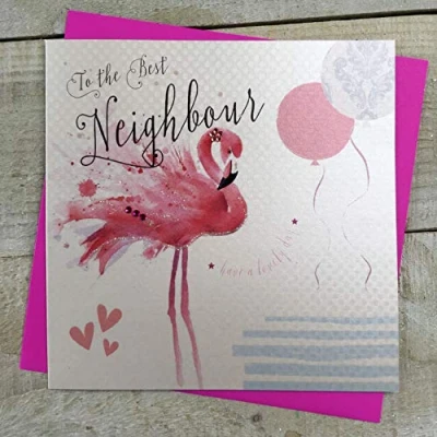Image of WHITE COTTON CARDS Best Neighbour Happy Birthday Handmade Card Decorated Flamingo B244