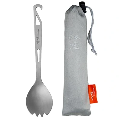 Image of TiTo Titanium Fork Spoon Lightweight Portable Outdoor Dinner Cutlery Camping Spork with Bottle Opener (Sandblasting)