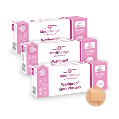 Image of MediRange Washproof Spot Plasters, Sterile Plasters for First Aid Kit, 2.5cm Diameter, 3 Packs of 100