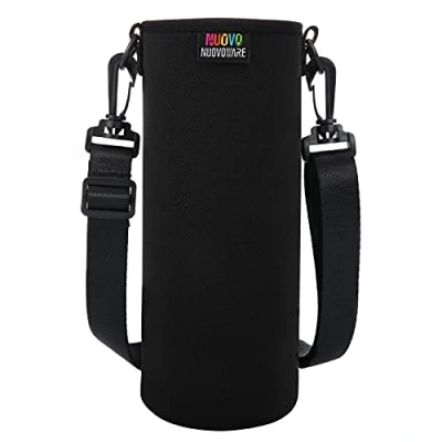 Image of Nuovoware Water Bottle Carrier Bag, Premium Neoprene Portable Insulated Sling Holder Bag 1000ML with Adjustable Shoulder Strap for Men Women Kids Hiking, Case, Black