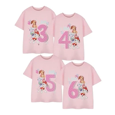 Image of Paw Patrol Girls Pink Birthday Age T Shirt Short Sleeved Graphic Tee for Kids Skye Chase Marshall Rubble Characters Gift Children&#039;s Cartoon Apparel &amp; Toddlers