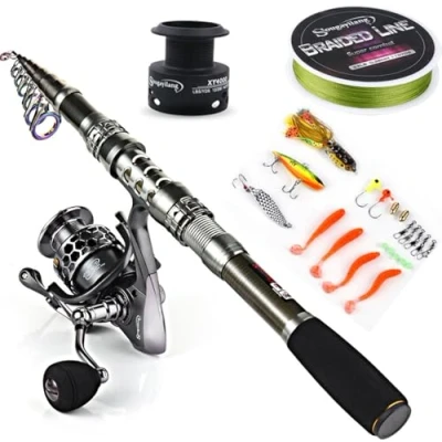Image of Sougayilang Telescopic Fishing Rod Reel Combos with Carbon Fiber Pole Spinning Reels and Accessories for Travel Ocean Saltwater Freshwater
