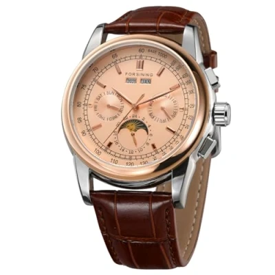 Image of Forsining Men&#039;s High end Automatic Moon Phase Leather Strap Analogue Collection Wrist Watch FSG319M3T2