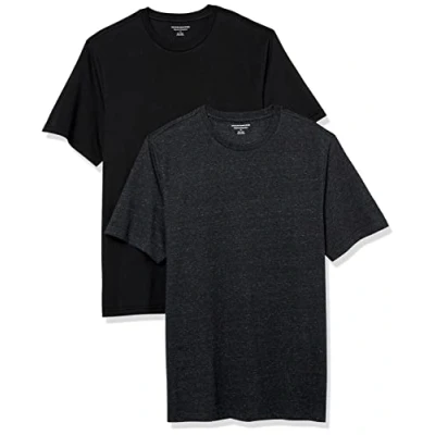 Image of Amazon Essentials Men&#039;s T Shirt Regular Fit Short Sleeve Crewneck, Pack of 2, Black/Charcoal Heather, XS