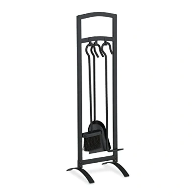 Image of Relaxdays Set of 4 Fireplace with Poker, Shovel, Broom &amp; Stand, Oven Cutlery Modern Black, 100% steel, tlg
