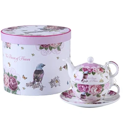 Image of London Boutique Tea for One, Teapot cup Saucer Set Gifts Women 1 New Bone China Vintage Flora Gift Her 350m (Bird Rose Butterfly)