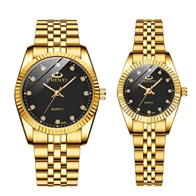 Image of JewelryWe His and Hers Couple Watches Set Business Men Women Matching Watch Gold Pair Quartz Wristwatch, for Anniversary, Wedding, Valentine