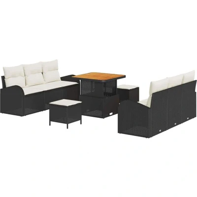 Image of vidaXL 9 Piece Garden Sofa Set with Cushions Black Poly Rattan Acacia