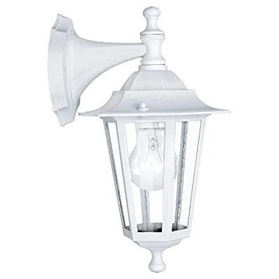 Image of Matt White &amp; Clear Glass Panel Outdoor Vintage Down Lantern Wall Light IP44 Exterior Rated 35cm Height 1 x ES E27 Lamp Bulb Required Aluminium Garden Patio Driveway UK Approved