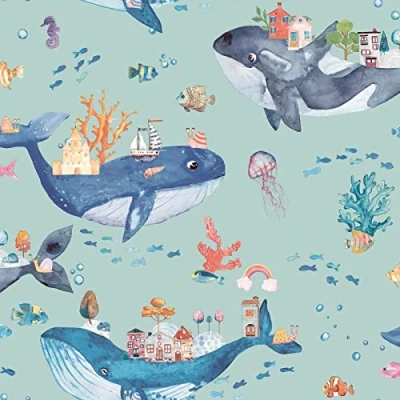 Image of Holden Whale Town Wallpaper Underwater Sea Life Ocean Soft Teal Green/Multi 13221