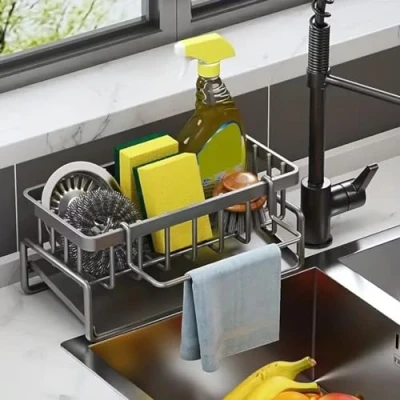 Image of Kitchen Sink Organiser, 1PCS Caddy, Caddy with Drain Tray, Sponge Holder Organizer, Dishcloth Hanger, Cleaning Organiser for Storage, Gray