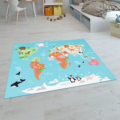 Image of Paco Home Kids Rug, Play Mat Playroom Animals Roads Cars Maps Treasure Hunt Pirates, Size:80x150 cm, Colour:Turquoise