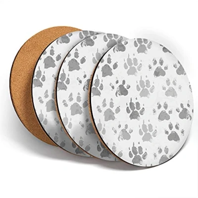 Image of Destination Vinyl ltd Great Coasters (Set of 4) Round BW Funky Paw Prints Animals Pets Drink Glossy Coasters/Tabletop Protection for Any Table Type #41161